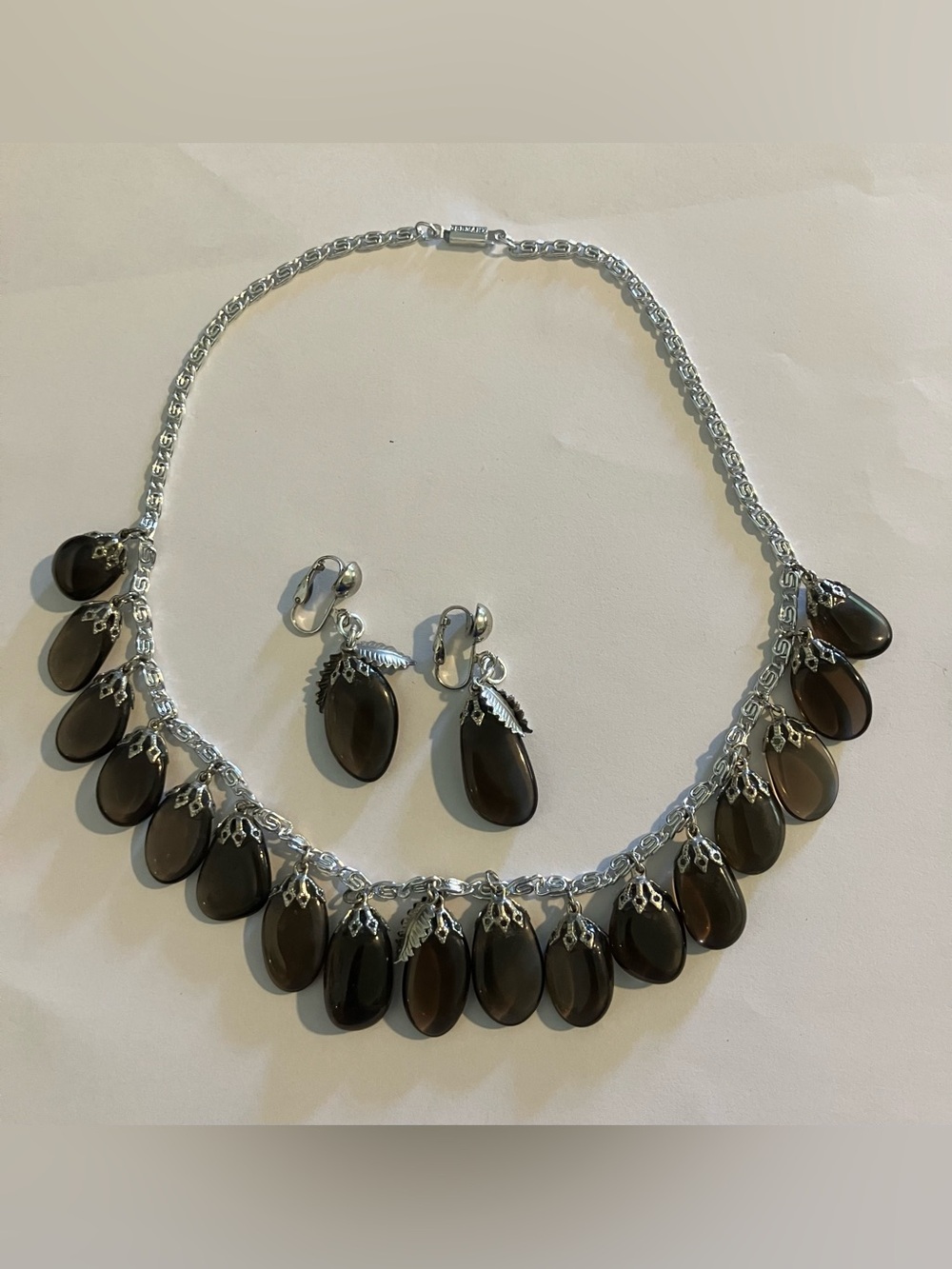 Vintage 1950s Germany Smoky Glass Drop Necklace & Earring Set Foley's Box
